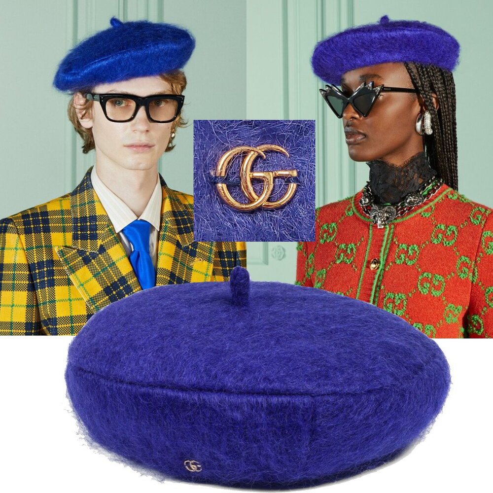 GUCCI HAT FURRY MOHAIR WOOL BERET RETRO INSPIRED w LOGO DETAIL sz M